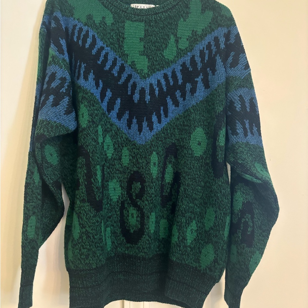 Vintage Green and Blue Patterned Men's Sweater